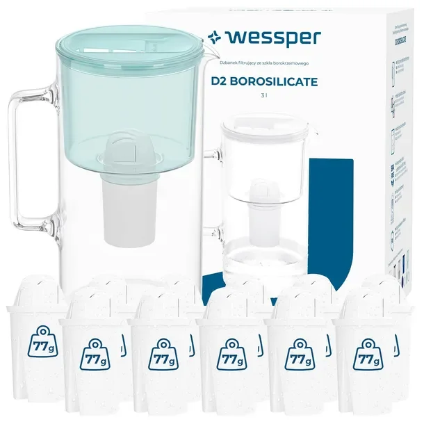 Szklany dzbanek filtrujący Wessper D2 BOROSILICATE + 12x filtr AquaClassic
