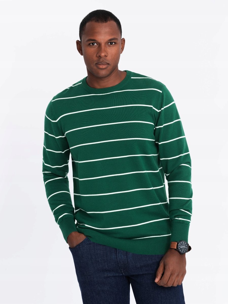 Męski casualowy sweter w poziome paski zielony V4 OM-SWSW-0143 M