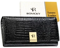 Portfele - Elegancki skórzany portfel damski ROVICKY rozbudowany na zatrzask duży lakierowany ochrona RFID STOP czarny - miniaturka - grafika 1