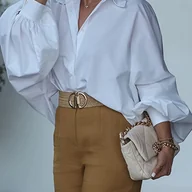 Koszule damskie - TEMU Elegancka koszulka damskich YTD z okrągłymi rękawami i klapami, nadmiernie rozmiarowa, jednokolorowa, stylowa i uniwersalna koszulka na każdą - miniaturka - grafika 1