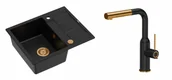 Zlewozmywaki z baterią - Quadron Unique Zlewozmywak granitowy jednokomorowy 62*50*22 cm z ociekaczem MORGAN 116 PURE CARBON z syfonem Push-2-Open w kolorze miedzianym z baterią ANGELINA Q LINE PURE CARBON z wyciąganą wylewką kolor czarny mat/wykończenie miedź - miniaturka - grafika 1
