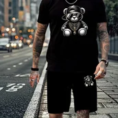 Inne - TEMU Piżama męska z krótkim rękawem i szortami, nadruk z kreskówkowym misiem, okrągły dekolt, poliester, średni rozciągliwość, styl podstawowy, - miniaturka - grafika 1