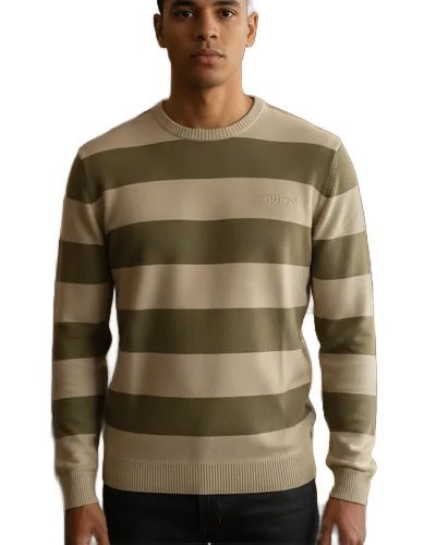 GUESS MĘSKI SWETER W PASKI Z OKRĄGŁYM DEKOLTEM KHAKI XS GGA