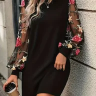 Sukienki - TEMU Kobieca Elegancka Sukienka z Długim Rękawem i Koronką - Okrągły Dekolt, Latarniane Rękawy, Żebrowana Tekstura, Czarna Tunika z Kwiatowym Detalem - miniaturka - grafika 1