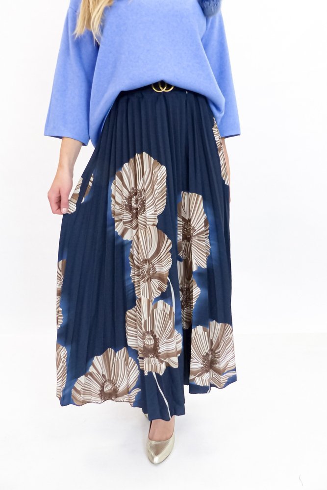 Granatowo-Beżowa Plisowana Spódnica w Kwiaty Maxi UNI
