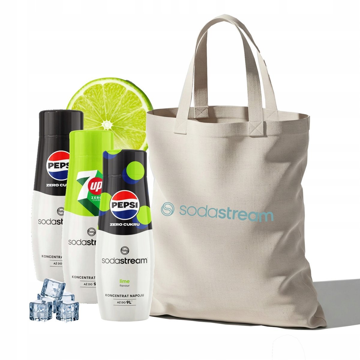 Zestaw Syrop SodaStream Pepsi MAX, 7Up Free, Pepsi MAX Lime 3x440ml + Torba
