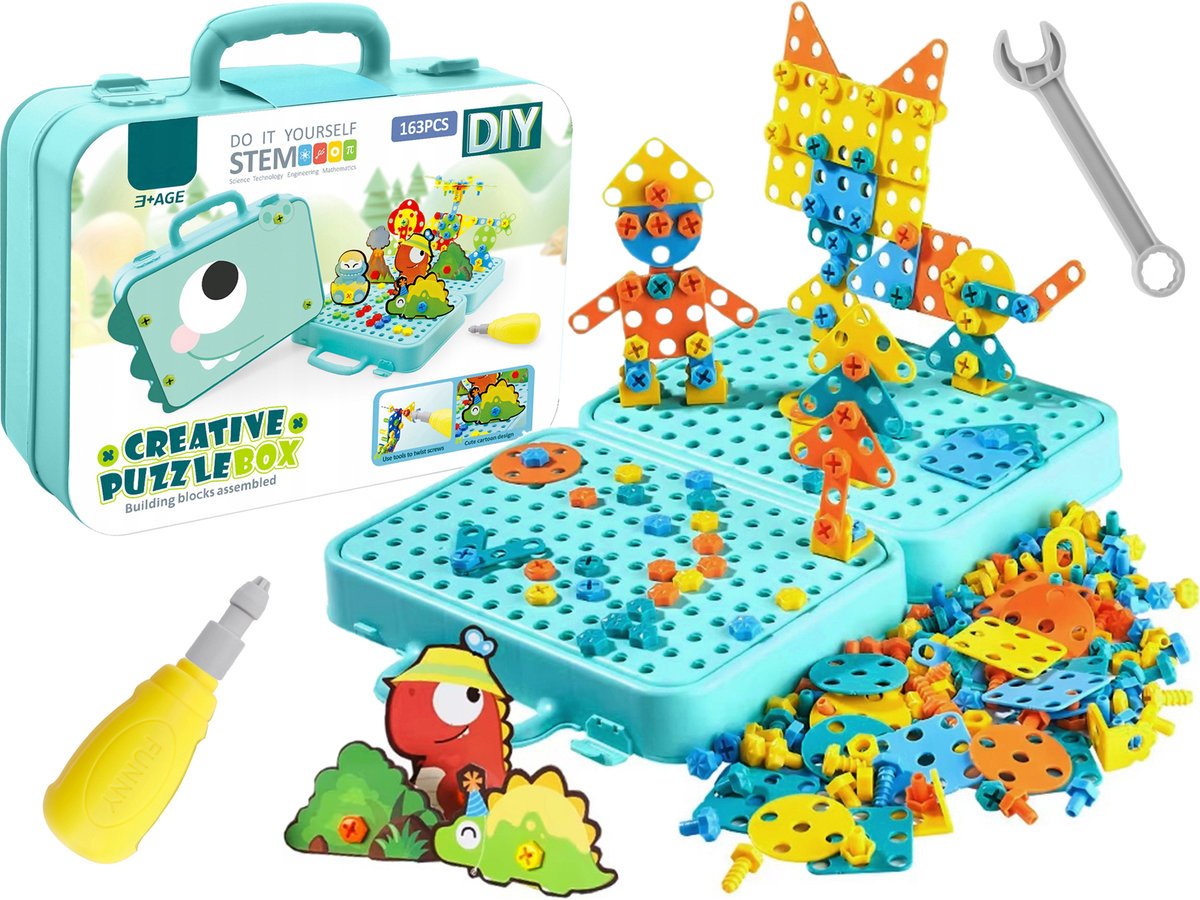 KLOCKI ŚRUBKI Konstrukcyjne + ŚRUBOKRĘT PUZZLE Przestrzenne MOZAIKA WALIZKA