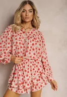 Koszule damskie - Beżowo-Czerwona Koszula z Długim Rękawem Zapinana na Guziki ze Stójką Lannese - miniaturka - grafika 1