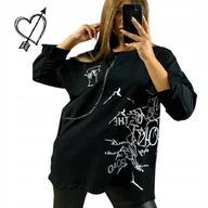 Bluzki damskie - BLUZKA TUNIKA czarna BAWEŁNA napisy srebrna nitka na co dzień 50 52 5XL - miniaturka - grafika 1