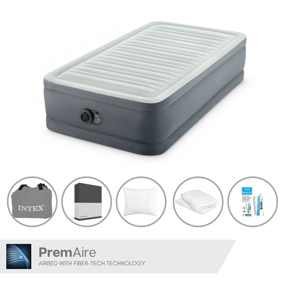 Łóżko dmuchane Intex - 1 osoba - 99 x 191 x 46 cm - Szare - Z pompką elektryczną + prześcieradło czarne + poduszka + poszewki Molton 2 w 1 + zestaw naprawczy