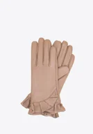 Rękawiczki - Damskie rękawiczki skórzane z dekoracyjną falbaną beżowe - miniaturka - grafika 1