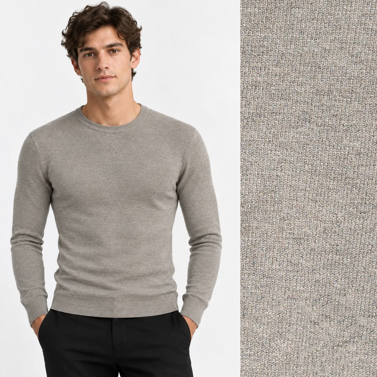 Sweter męski cienki Slim Fit mocno dopasowany z okrągłym dekoltem szary Coffee LD-69051-12-COFFEE M