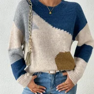 Swetry damskie - TEMU Elegancki Damski Sweter z Długim Rękawem i Okrągłym Dekoltem, Patchworkowy Jesienno-Zimowy Casualowy Pulower w Blokach Kolorów - miniaturka - grafika 1