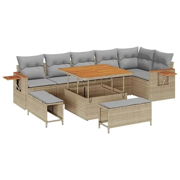 Zestaw Sof Ogrodowych Rattan Beżowy, 1 Sofa Narożna, 1 Stół, 2 Ławki