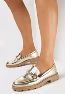 Mokasyny damskie - Złote Mokasyny na Podeszwie z Protektorem z Ozdobną Klamrą Bobina - miniaturka - grafika 1