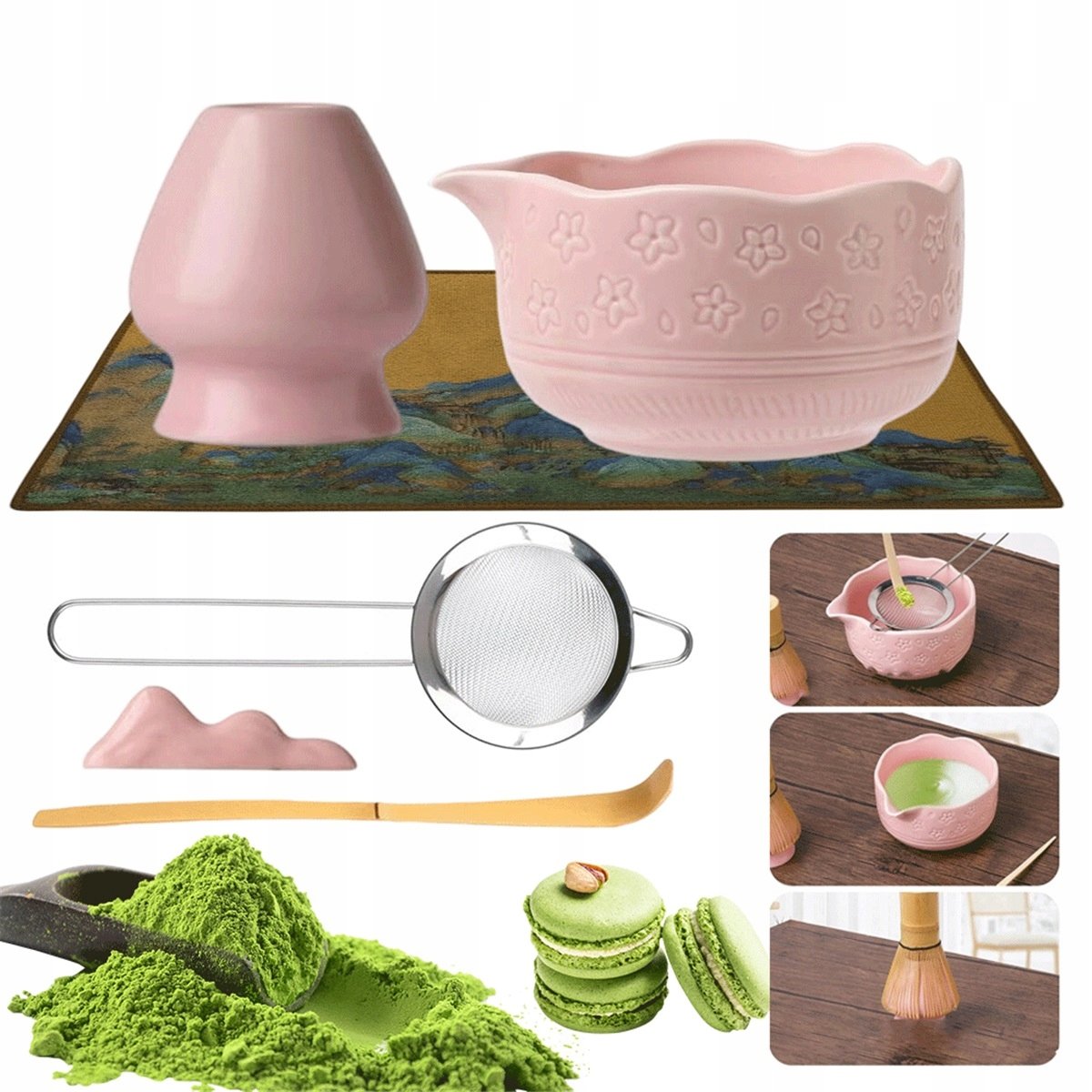 Zestaw Do Matcha Różowa Miska Ceramiczna Z Dziobkiem I Sitkiem