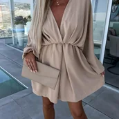 Sukienki - TEMU Sukienka z Dekoltem w Serek, Długi Rękaw, Wygodna i Dopasowana, Jednokolorowa - miniaturka - grafika 1