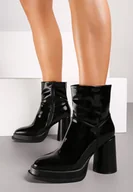 Botki damskie - Czarne Lakierowane Botki z Dopasowaną Cholewką na Okrągłym Słupku Taiona - miniaturka - grafika 1