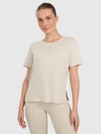 Koszulki sportowe damskie - 4F Koszulka treningowa regular szybkoschnąca damska - beżowa L - miniaturka - grafika 1