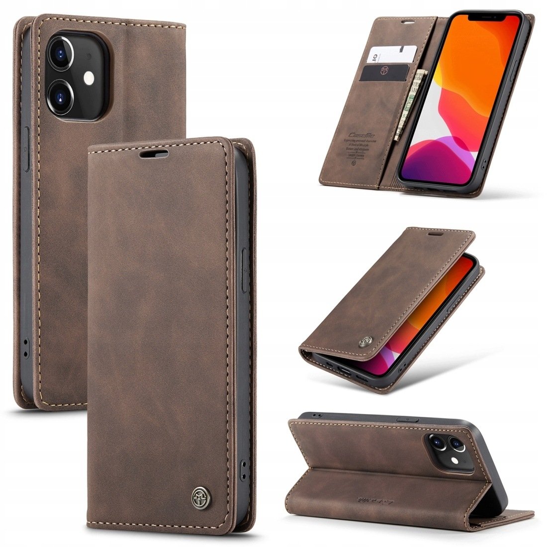 Etui Portfel Skórzane do iPhone 12 12 Pro Z Klapką Brązowe na Magnes