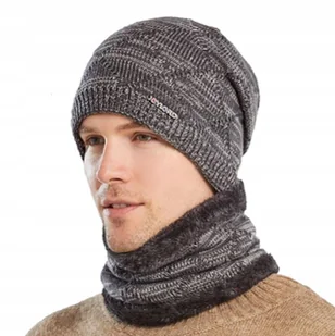 Zimowa Czapka Męska Ciepła Komin Szalik Szara [42M1] - Czapki męskie - miniaturka - grafika 1