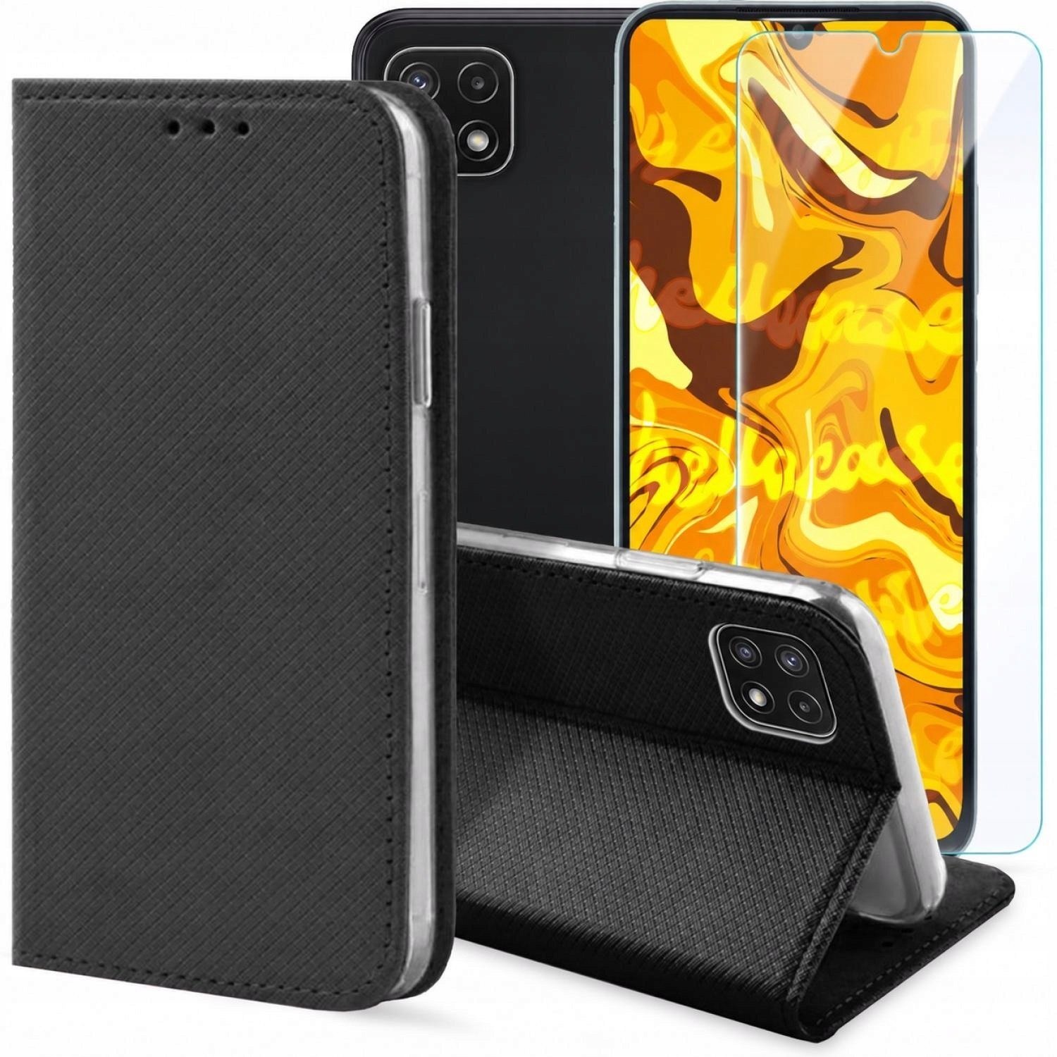 Hello Case Etui z Klapką Do Samsung Galaxy A22 5G Czarne, Zamykane, Kabura Szkło BNDL0529