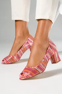 Różowe czółenka ażurowe peep toe damskie na ozdobnym słupku Casu D24X17-O-39 - Czółenka - miniaturka - grafika 1