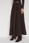 Spódnice - Brązowa Wiskozowa Spódnica o Rozkloszowanym Kroju z Paskiem z Klamrą Lawedisa - miniaturka - grafika 1
