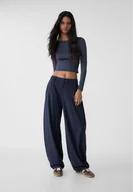 Spodnie damskie - Stradivarius Eleganckie spodnie baggy z przeszyciem Morski 34 - miniaturka - grafika 1