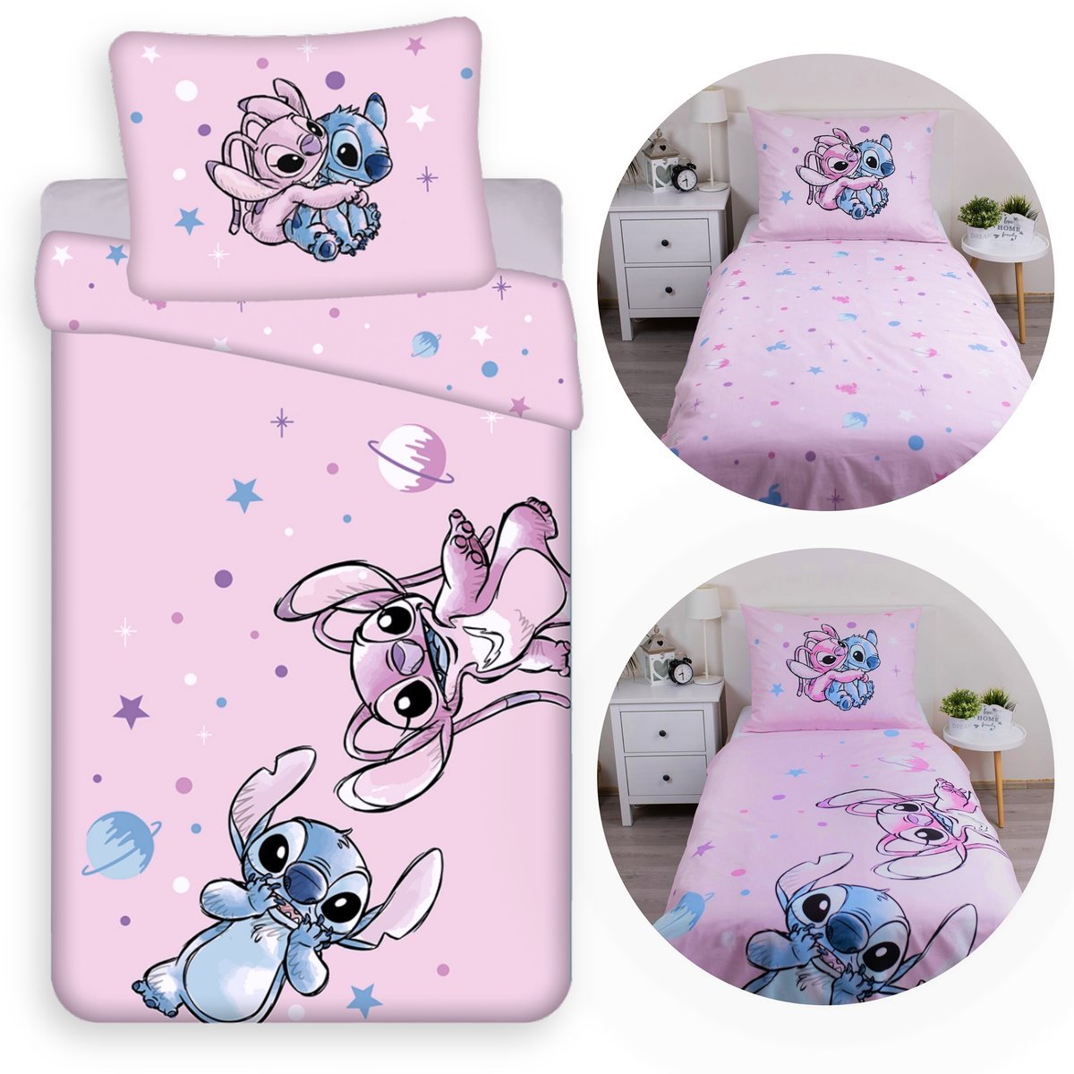 DISNEY Stitch Różowa DWUSTRONNA, bawełniana pościel dziecięca na zamek, 100% BAWEŁNA 140x200cm+70x90cm OEKO-TEX