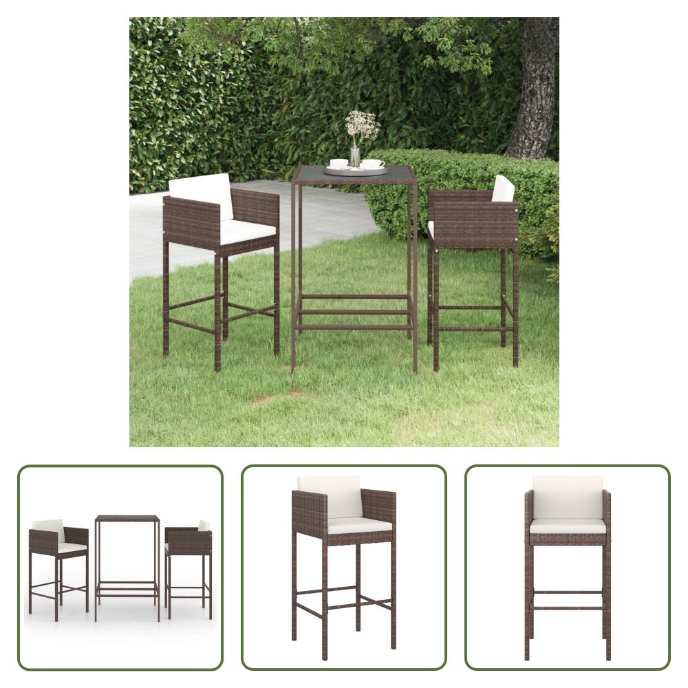 The Living Store 3-częściowy ogrodowy zestaw barowy z poduszkami z polirattanu brązowy