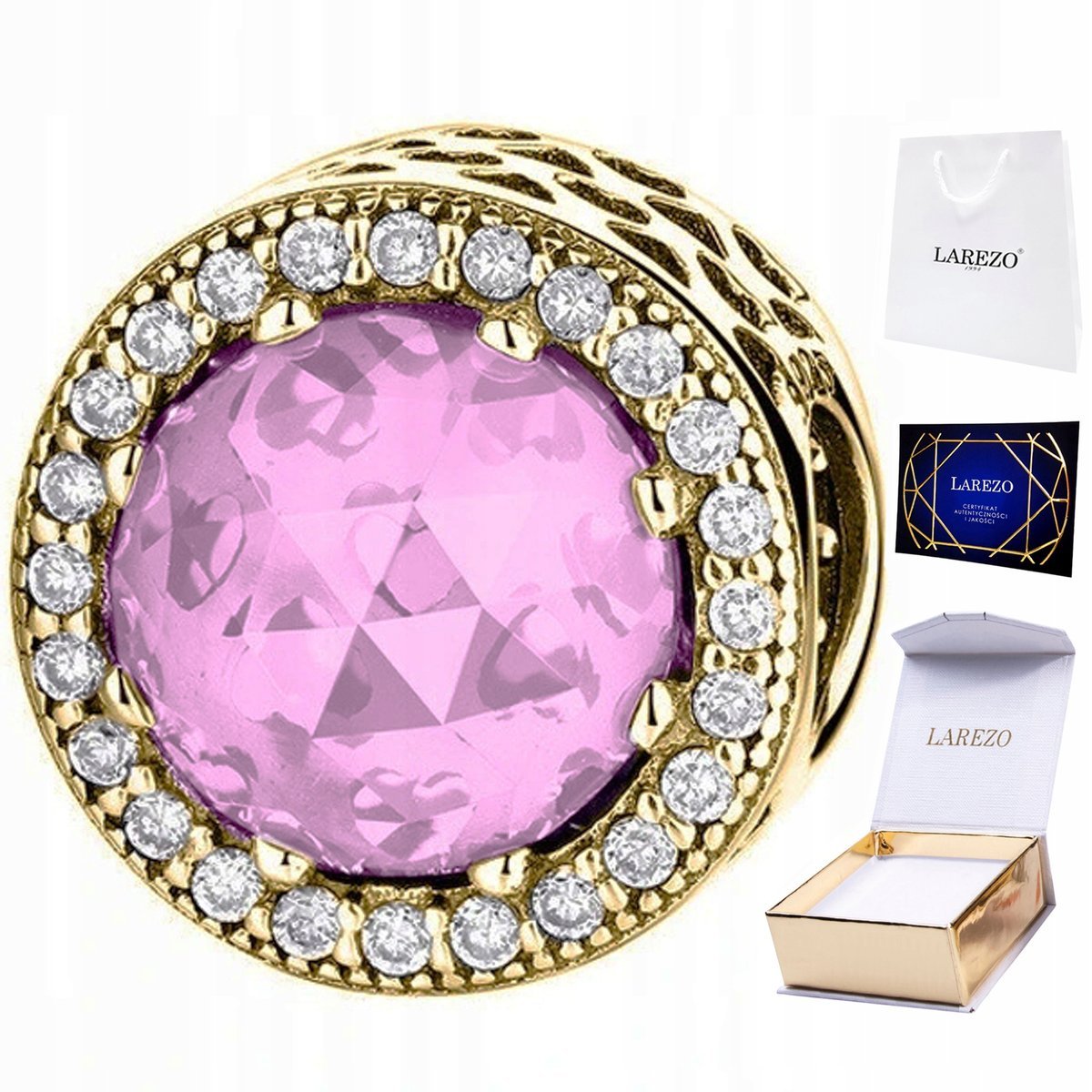 CHARMS ZŁOTY Różowy Kryształ Koralik Kamień z Cyrkoniami Lśniące Cyrkonie