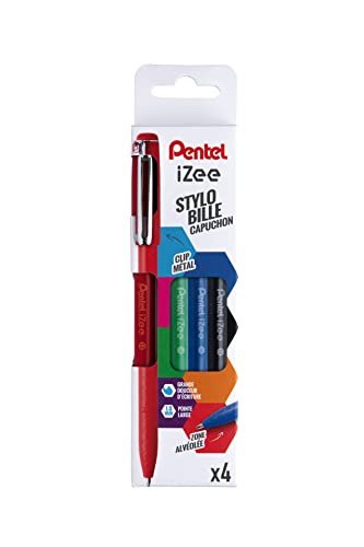 Pentel iZee BX460 Opakowanie 4 długopisów kulkowych z metalowym klipsem, duża końcówka 1 mm, czarny/czerwony/niebieski/zielony