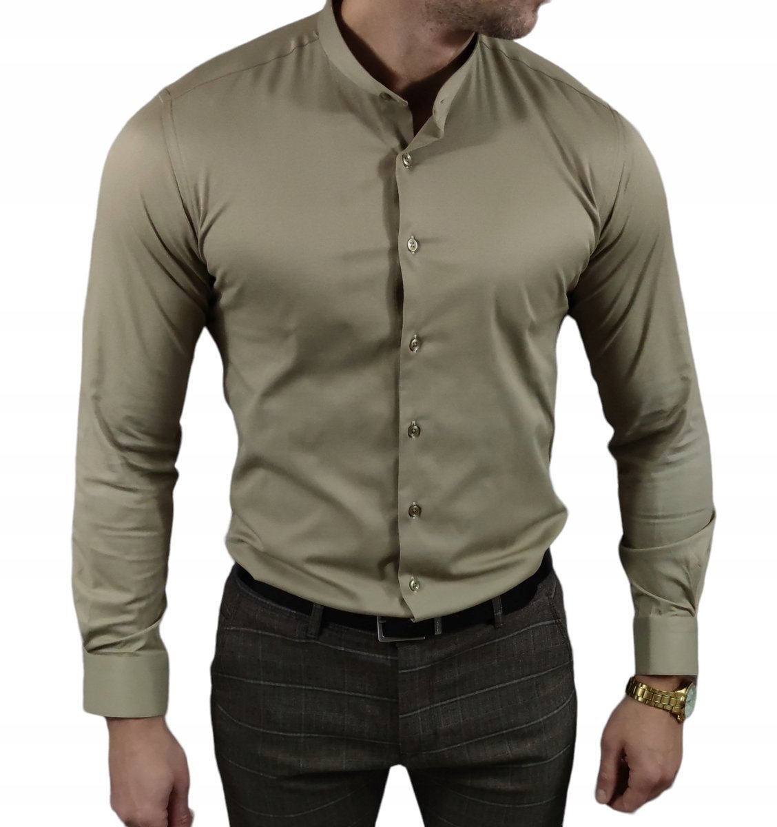 Koszula elegancka ze stójką slim fit beżowa ESP013 - XL