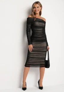 Czarna Marszczona Sukienka Siateczkowa Hiszpanka z Wywiniętym Dekoltem Tinaveris - Sukienki - miniaturka - grafika 1