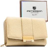 Portfele - Portfel damski beżowy PETERSON ochrona RFID mały z ozdobnym zapięciem i suwakiem karty gotówka elegancki prezent - miniaturka - grafika 1