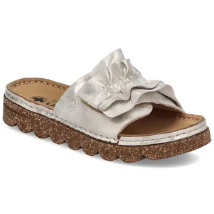 Klapki damskie na platformie z falbanka złote Rieker V8763-60 złoty - Klapki i japonki damskie - miniaturka - grafika 1