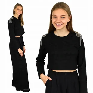 Bluzka CZARNA Bawełna SZKOŁA Elegancka DŁUGI RĘKAW Krótszy FASON 146 - Bluzki damskie - miniaturka - grafika 1