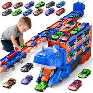 Zabawki konstrukcyjne - Ciężarówka Tor Wyścigowy Dinozaur 3w1 Wyrzutnia Laweta 12 Samochodzików - miniaturka - grafika 1