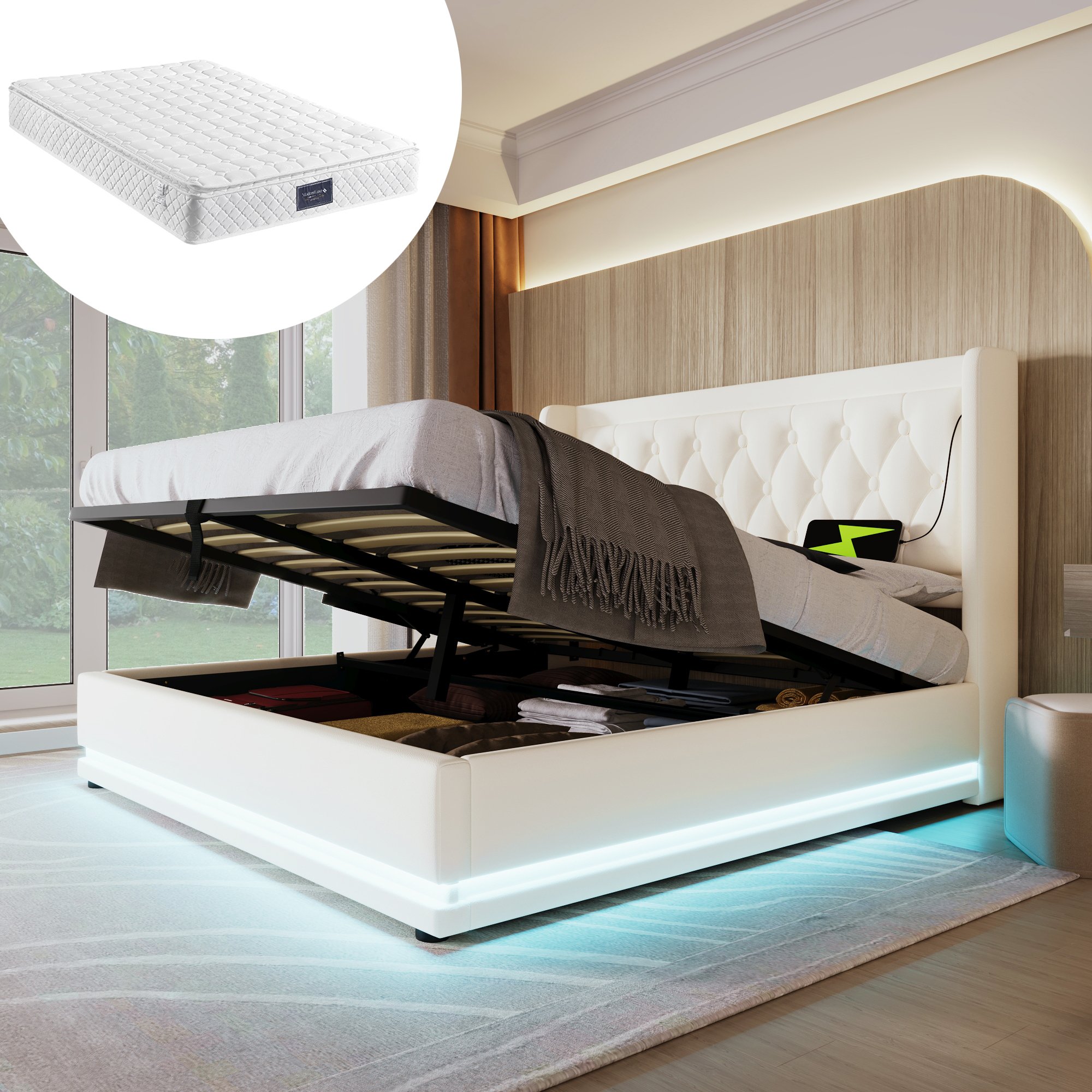 Podwójne łóżko tapicerowane Sweiko 140*200 cm, biały materiał PU Hydrauliczne łóżko do przechowywania, tapicerowane wezgłowie z funkcją ładowania USB Type-C, 3-stronna funkcja LED (z materacem)