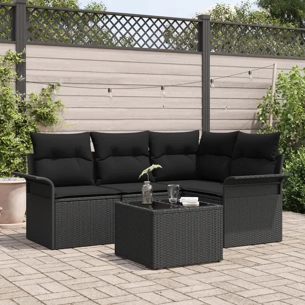 Zestaw Ogrodowy Sofa Narożna z Polirattanu, Czarny, 5 Elementów