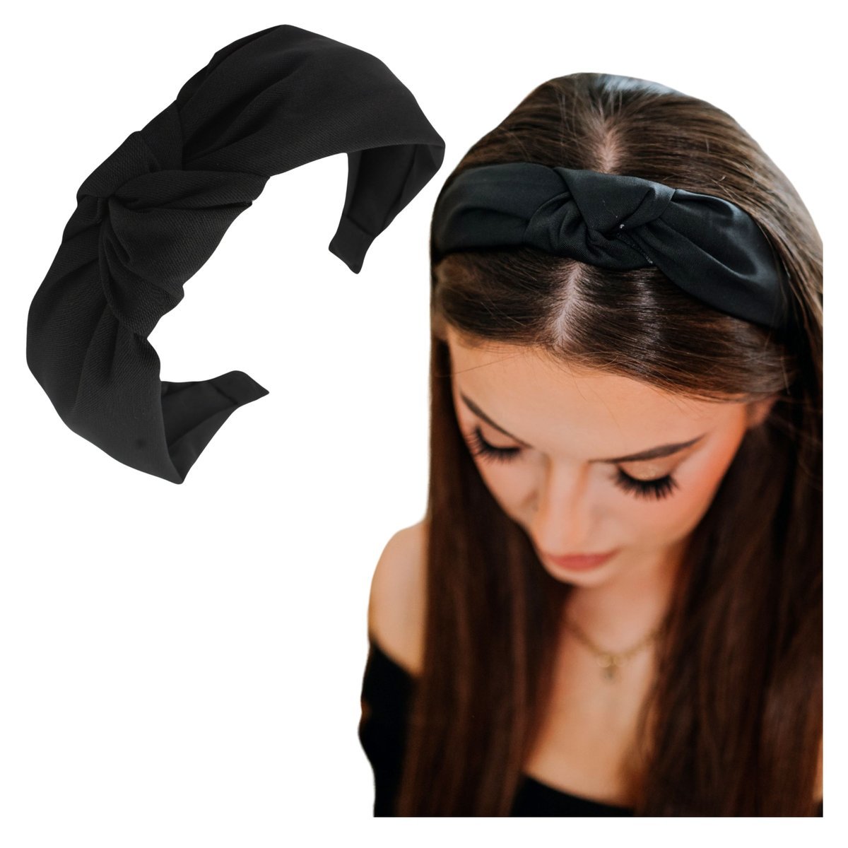 Opaska do Włosów Czarna Szeroka na Głowę z Ozdobnym Supłem Lekka i Wygodna