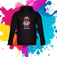 Bluzy dla dziewczynek - Bluza dziecięca typu kangurka z kapturem w kolorze czarnym z nadrukiem miś Leszek 6 lata - miniaturka - grafika 1