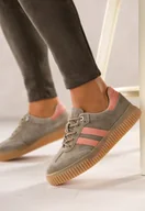 Półbuty damskie - Beżowe sneakersy skórzane damskie buty sportowe na beżowej platformie łososiowe wstawki sznurowane Carla TW-CU-800 - miniaturka - grafika 1