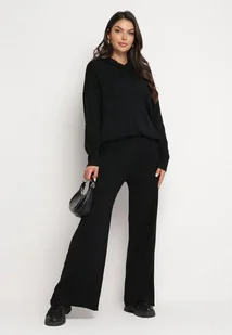 Czarny Dzianinowy Komplet Bluza z Kapturem w Warkoczowy Splot i Spodnie z Szerokimi Nogawkami Narahai - Komplety damskie - miniaturka - grafika 1