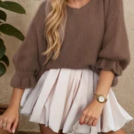 Swetry damskie - TEMU Elegancki Damski Sweter Oversize w Kolorze Beżowym z Okrągłym Dekoltem - Miękki z Falbanką na Dołku i Kołnierzu, Luźny Sweter-Płaszcz na - miniaturka - grafika 1