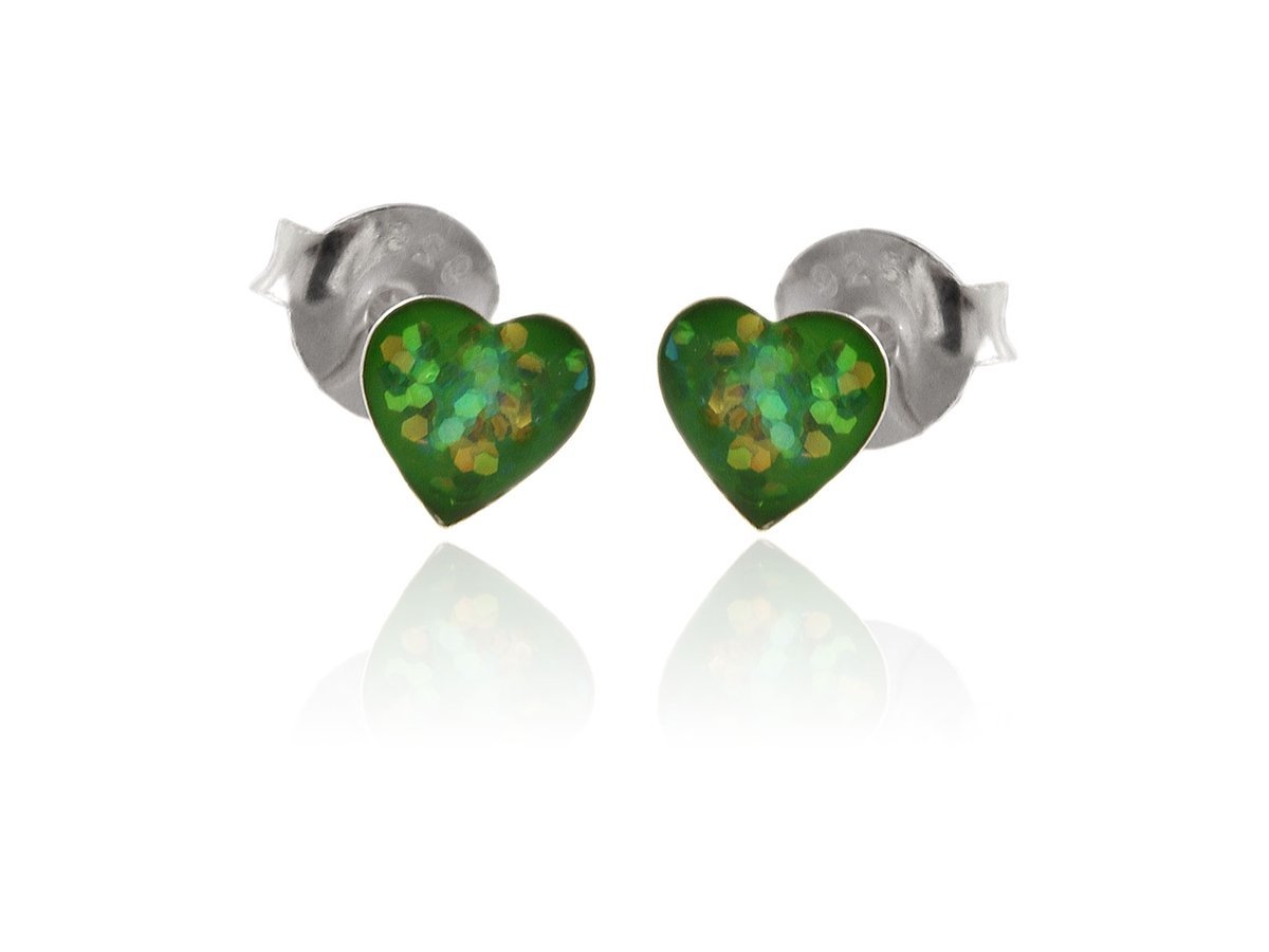 Kolczyki srebrne Serca z Zieloną brokatową masą k3686-3