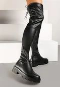 Kozaki damskie - Czarne Kozaki na Tłoczonej Podeszwie z Przylegającą Cholewką za Kolano Lemika - Renee - miniaturka - grafika 1