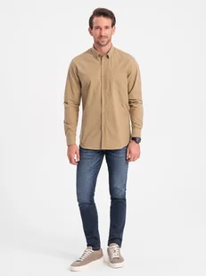 Męska koszula bawełniana REGULAR FIT z kieszenią - jasnobrązowa V2 OM-SHOS-0153 - Ombre Clothing - Koszule męskie - miniaturka - grafika 1