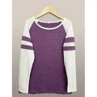 Bluzki damskie - Canvaus Wiosna i jesień Bluzka damska Moda Trójkolorowe szwy w paski Koszulka z długim rękawem Okrągły dekolt Blokowanie kolorów Topy fioletowy M - miniaturka - grafika 1